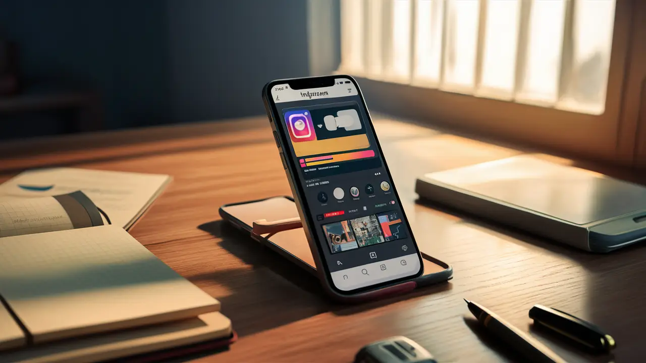 Smartphone exibindo tela de edição de vídeo do Instagram em mesa de madeira ao lado de bloco de notas e caneta.