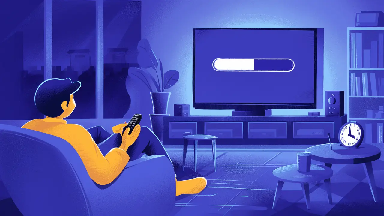 Pessoa sentada em sala de estar moderna com controle remoto, TV mostrando barra de progresso pausada pela metade. VSL