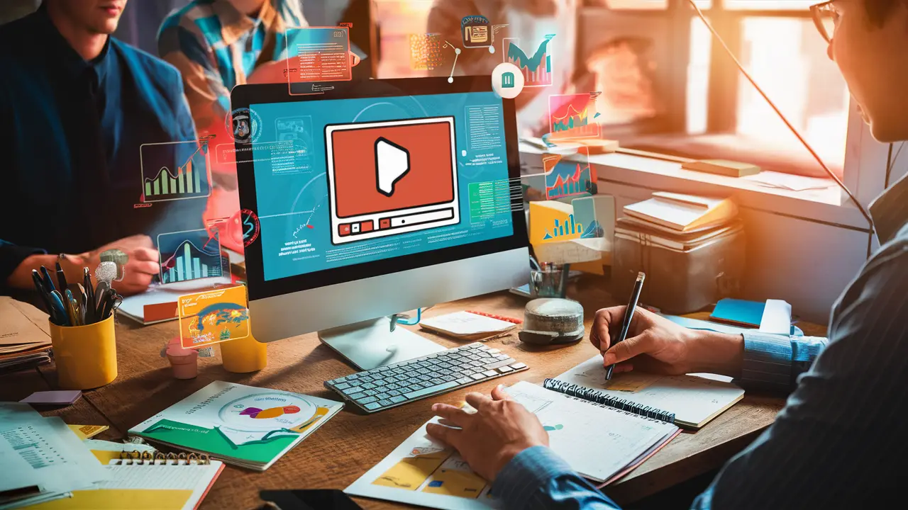 Tela de computador em escritório moderno mostra vídeo animado, com ícones e gráficos vibrantes ao redor. Micro-Saas 